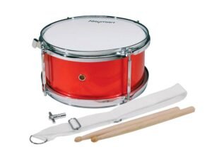 junior snare drum, metallic red, with sticks, belt and hook, 10 inch