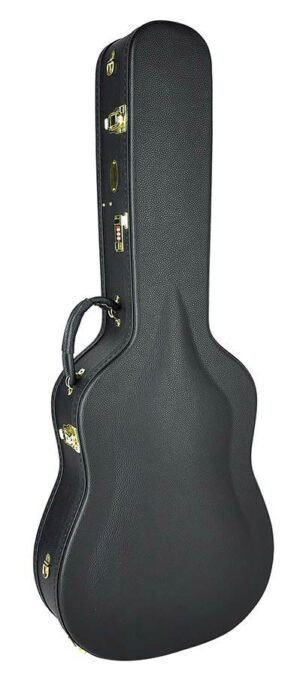 deluxe case for dreadnought-model acoustic guitar, wood, arched, with lock and shoulder strap