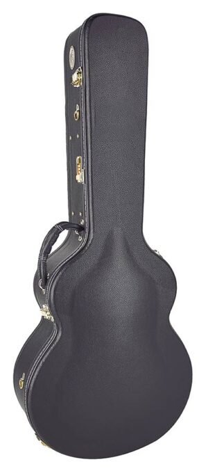 guitar case, wood, arched, with lock and shoulder strap, shaped model, jazz 18 inch
