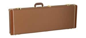 electric guitar case brown tolex + brown leatheroid, gold hardware, crushed green velvet interior