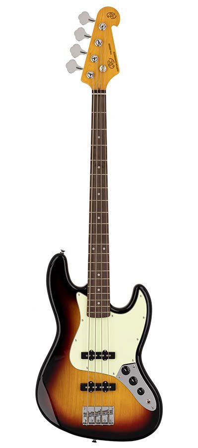 62 vintage J-style electric bass guitar, 2x single coil pickup, with bag, sunburst