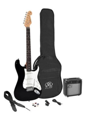 ST style electric guitar pack, 10W amp, bag, tuner, strap, cable & 6 picks,  black
