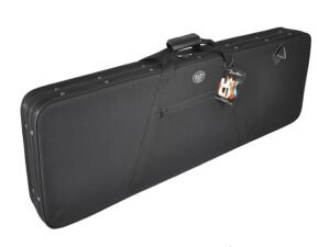 cloth covered polystyrene case for bass guitar, with accessory pocket and back strap