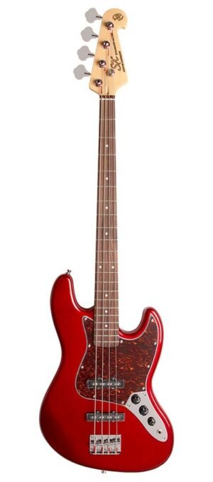 J-style electric bass guitar, candy apple red, with gig bag