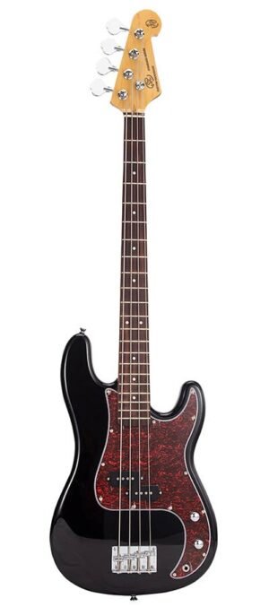 P-style electric bass guitar, black, with gig bag