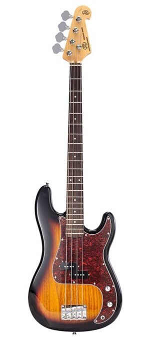 P-style electric bass guitar, 3 tone sunburst, with gig bag