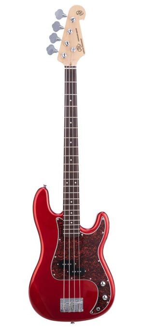 P-style electric bass guitar, candy apple red, with gig bag