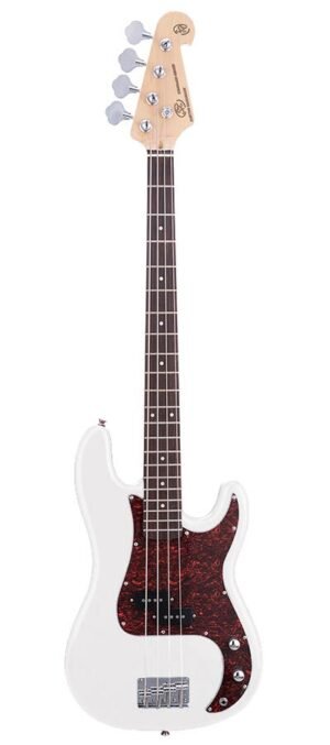 P-style electric bass guitar, white, with gig bag