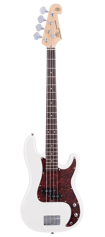 P-style electric bass guitar, white, with gig bag