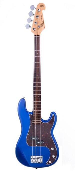 P-style electric bass guitar, electric blue, with gig bag