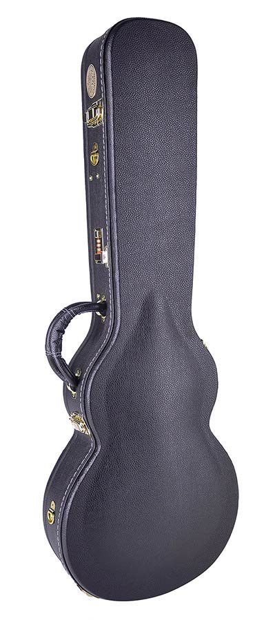 deluxe case for LP-model guitar, wood, arched, with lock and shoulder strap