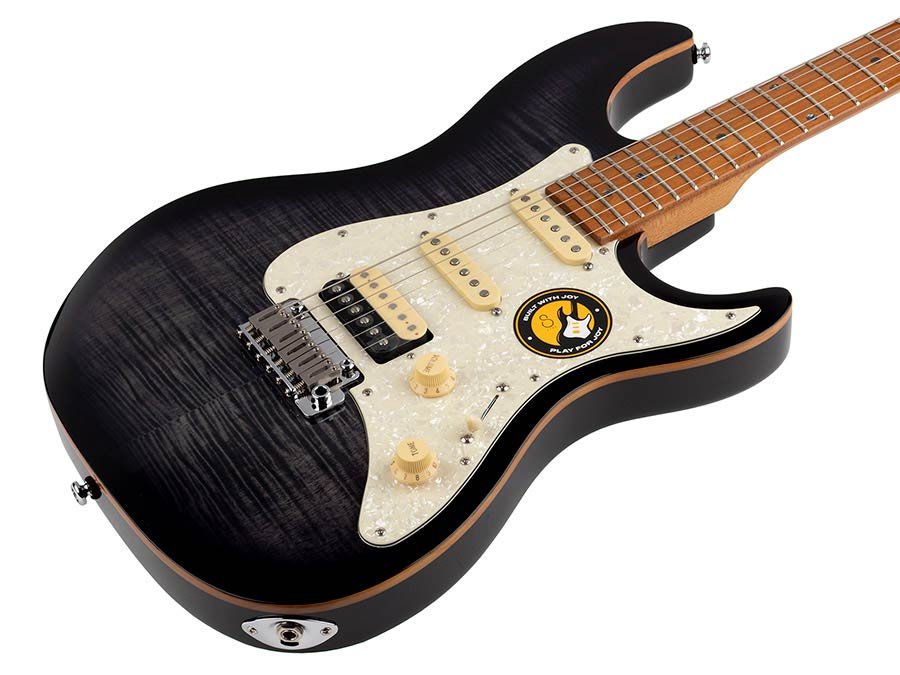 electric guitar S-style with flamed maple top transparent black - Afbeelding 3