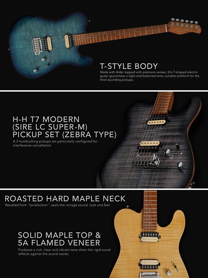 electric guitar T-style with flamed maple top transparent black - Afbeelding 9
