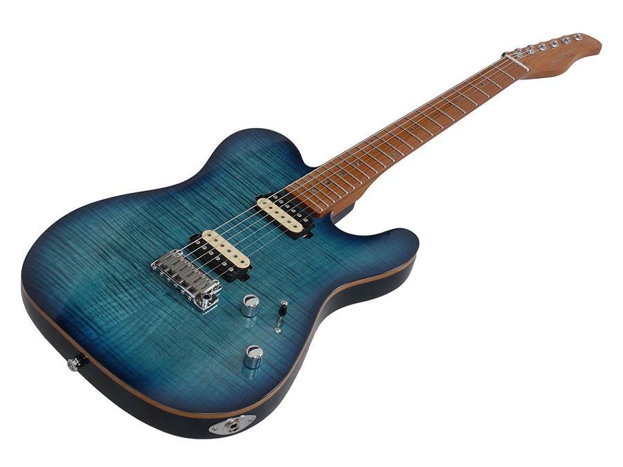 electric guitar T-style with flamed maple top transparent blue - Afbeelding 5