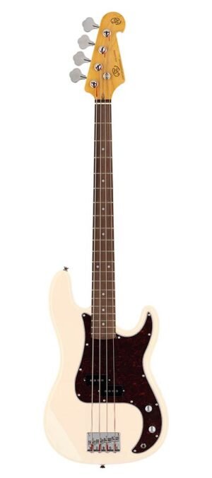 62 vintage P-style electric bass guitar, with split single coil pickup, with bag, vintage white