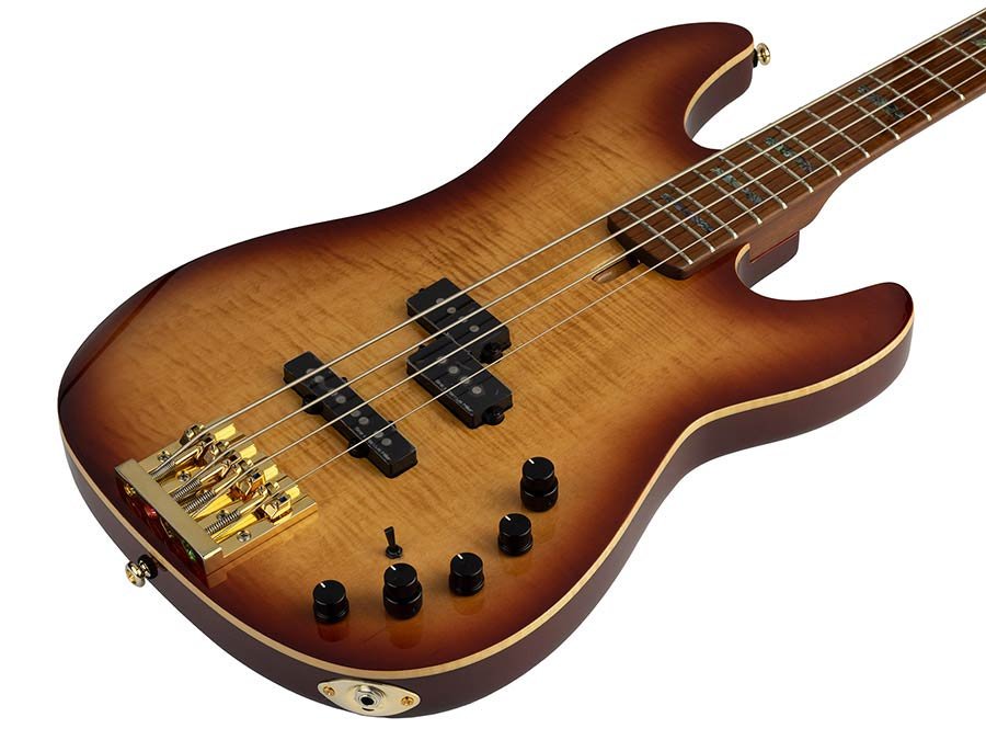 swamp ash + flamed maple 4-string active bass guitar tobacco sunburst, with hard case - Afbeelding 3