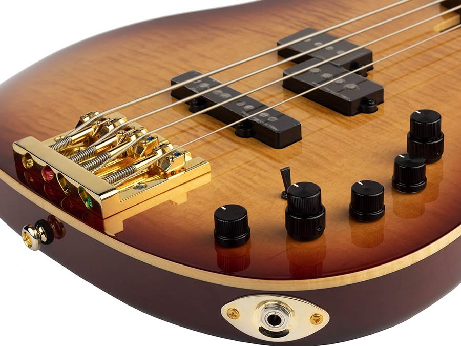 swamp ash + flamed maple 4-string active bass guitar tobacco sunburst, with hard case - Afbeelding 4