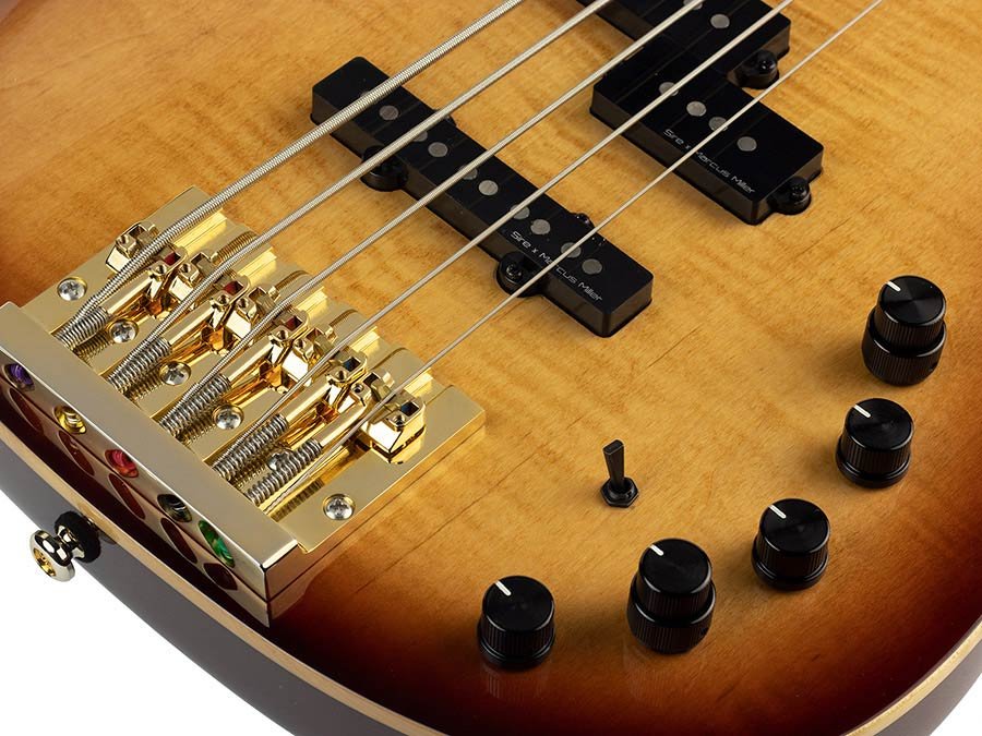 swamp ash + flamed maple 5-string active bass guitar tobacco sunburst, with hard case - Afbeelding 3