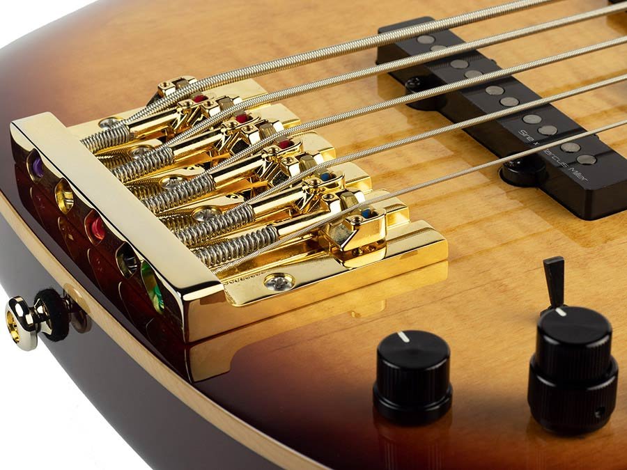 swamp ash + flamed maple 5-string active bass guitar tobacco sunburst, with hard case - Afbeelding 4