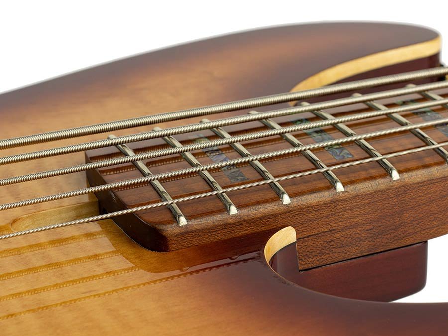 swamp ash + flamed maple 5-string active bass guitar tobacco sunburst, with hard case - Afbeelding 5