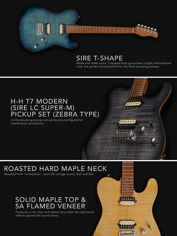 lefty electric guitar T-style flamed maple top transparent black - Afbeelding 2