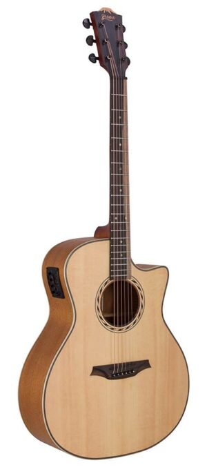 auditorium guitar with solid top, mahogany back & sides, cutaway with EQ, amara ebony fb, natural