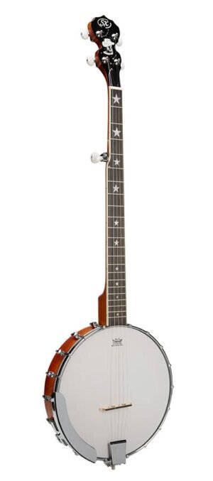 5 string open back banjo, natural satin, with bag, strap, picks and tuner