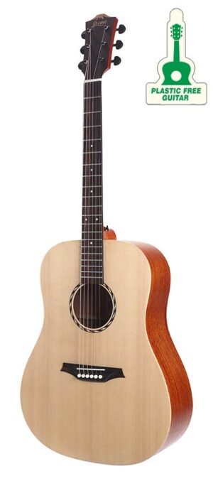 dreadnought guitar with solid spruce top, mahogany b&s, amara ebony fb, natural - plastic free