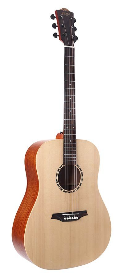 lefthanded dreadnought guitar, solid spruce top, mahogany b&s, amara ebony fb, natural-plastic free