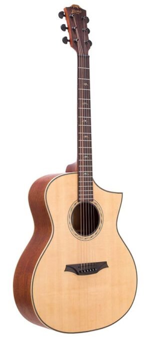 Hillside auditorium guitar with solid spruce top, mahogany b&s, cutaway, amara ebony fb, natural