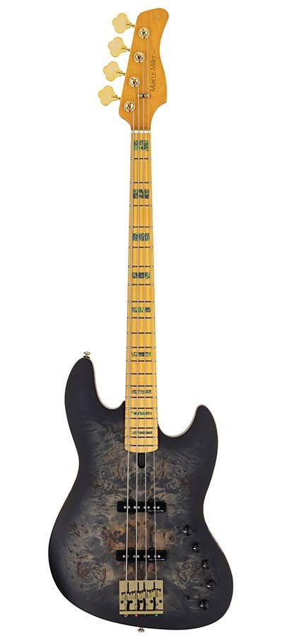 swamp ash + poplar burl 4-string active bass guitar, transparent black satin, incl. gigbag