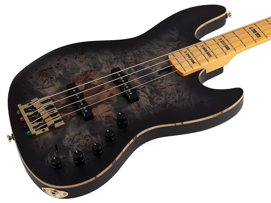 swamp ash + poplar burl 4-string active bass guitar, transparent black satin, incl. gigbag - Afbeelding 3