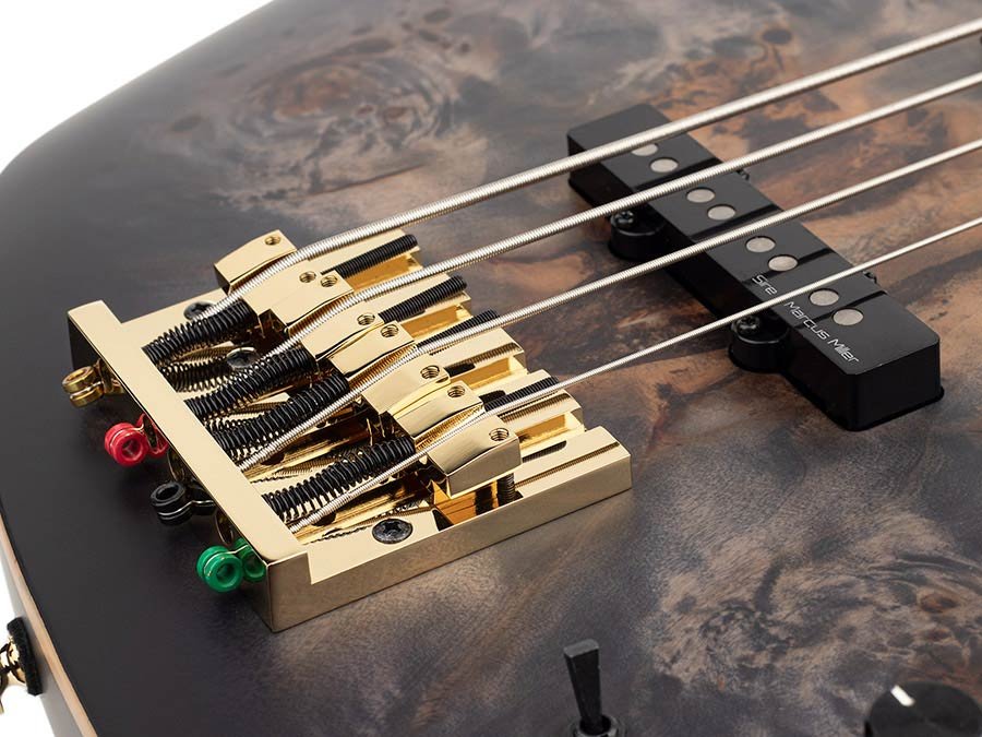 swamp ash + poplar burl 4-string active bass guitar, transparent black satin, incl. gigbag - Afbeelding 4