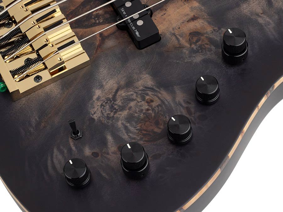 swamp ash + poplar burl 4-string active bass guitar, transparent black satin, incl. gigbag - Afbeelding 5
