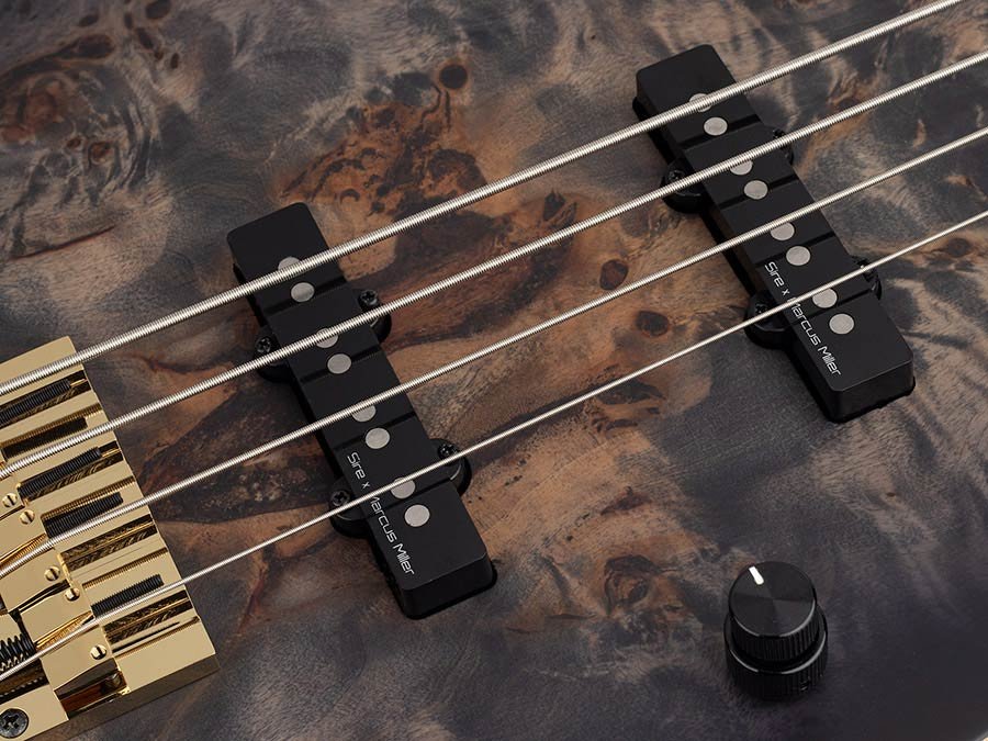 swamp ash + poplar burl 4-string active bass guitar, transparent black satin, incl. gigbag - Afbeelding 6