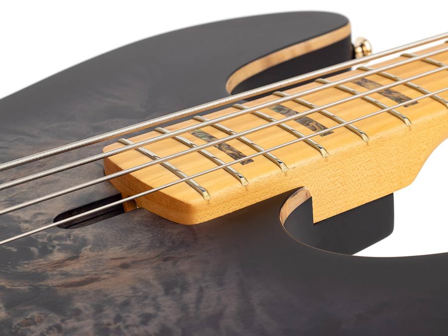 swamp ash + poplar burl 4-string active bass guitar, transparent black satin, incl. gigbag - Afbeelding 8