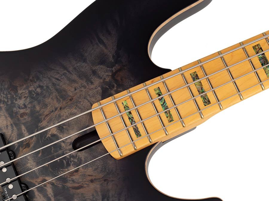 swamp ash + poplar burl 4-string active bass guitar, transparent black satin, incl. gigbag - Afbeelding 9