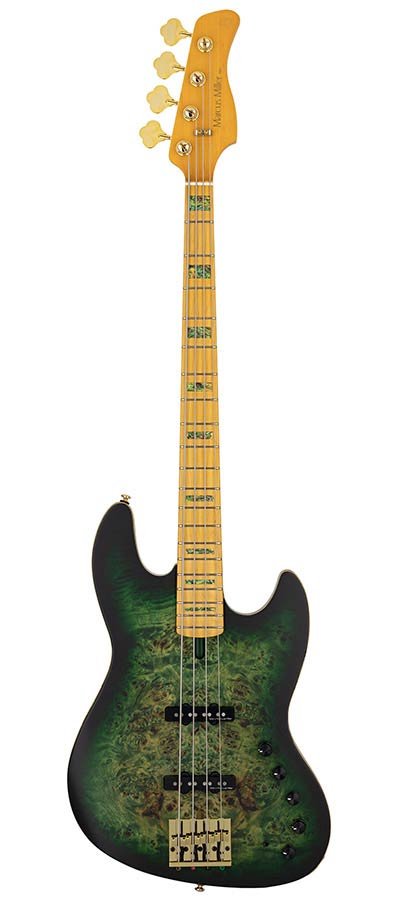swamp ash + poplar burl 4-string active bass guitar, transparent green satin, incl. gigbag