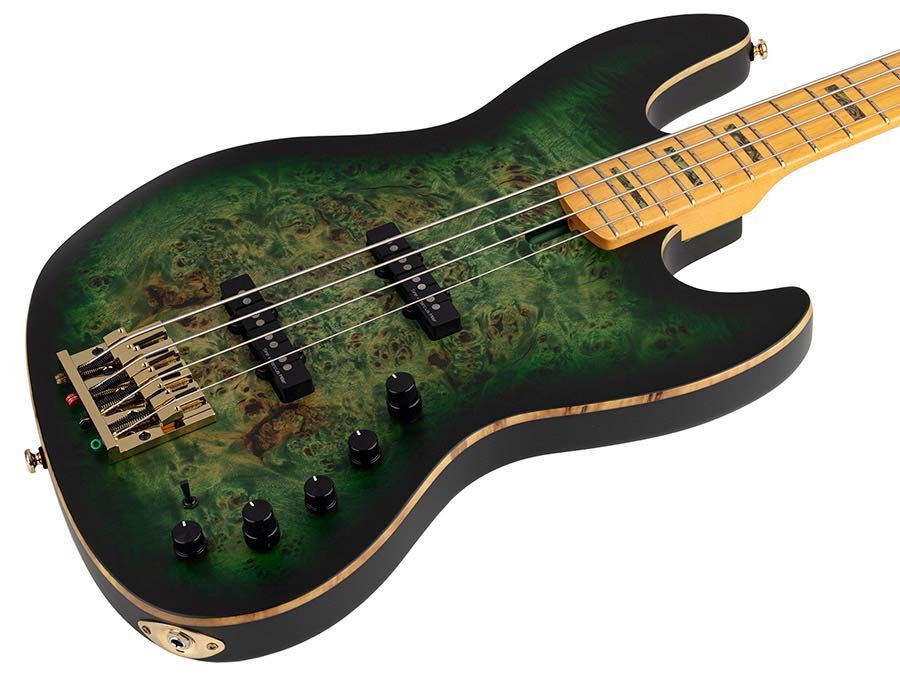swamp ash + poplar burl 4-string active bass guitar, transparent green satin, incl. gigbag - Afbeelding 3