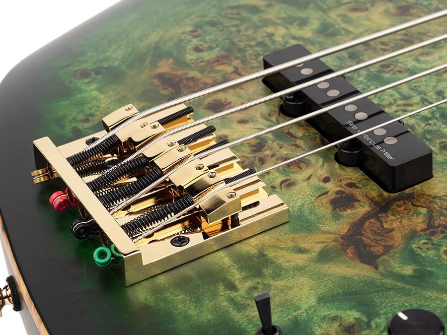 swamp ash + poplar burl 4-string active bass guitar, transparent green satin, incl. gigbag - Afbeelding 4