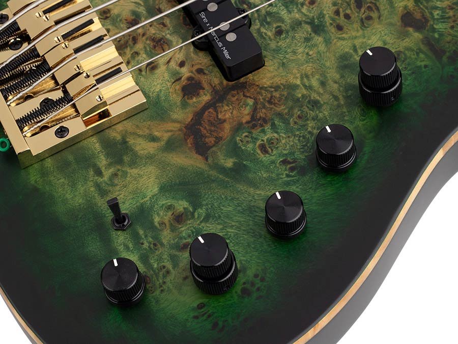 swamp ash + poplar burl 4-string active bass guitar, transparent green satin, incl. gigbag - Afbeelding 5