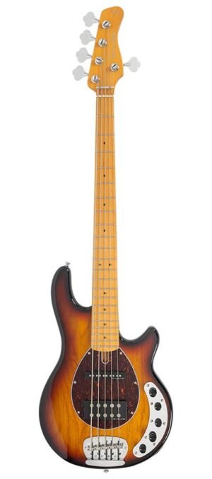 mahogany 5-string active bass guitar, 3 tone sunburst