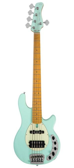 mahogany 5-string active bass guitar, mint green