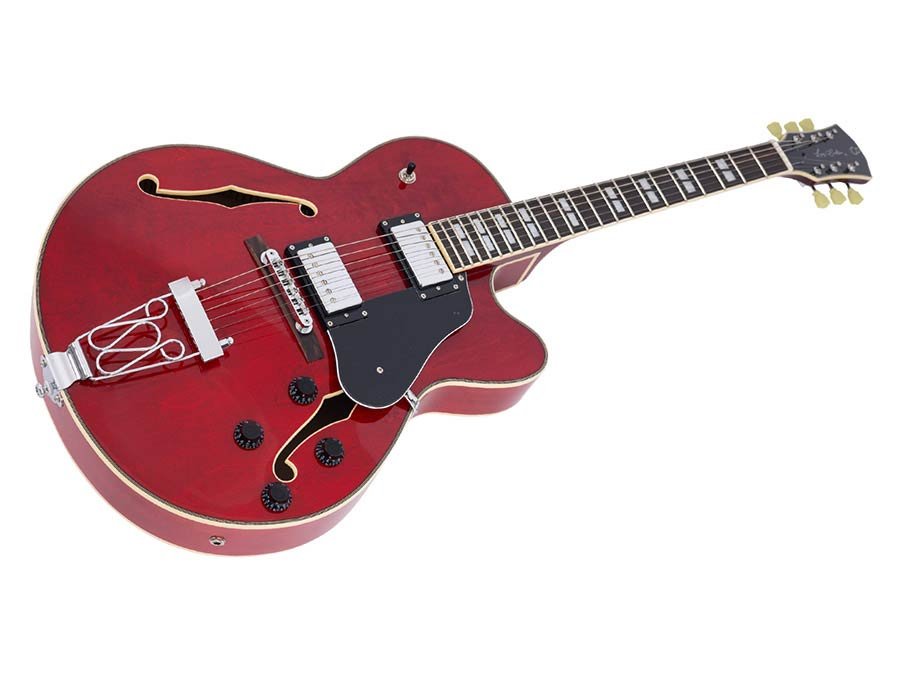 electric archtop guitar, see through red - Afbeelding 3