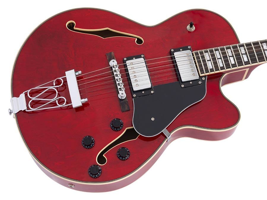 electric archtop guitar, see through red - Afbeelding 5