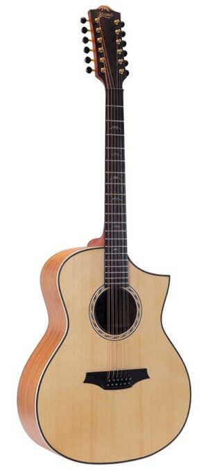 12-string auditorium guitar, solid spruce top, mahogany b&s, cutaway+EQ, amara ebony fb, gigbag