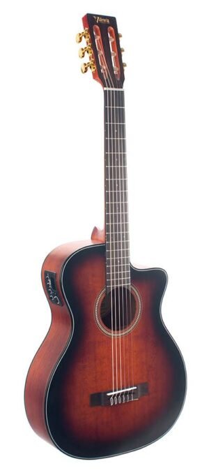 nylon string auditorium guitar, sitka spruce & nato, preamp and cutaway, classic sunburst