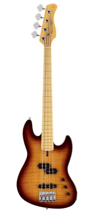 fretless alder with flamed maple top 4- string short scale passive bass guitar tobacco sunburst