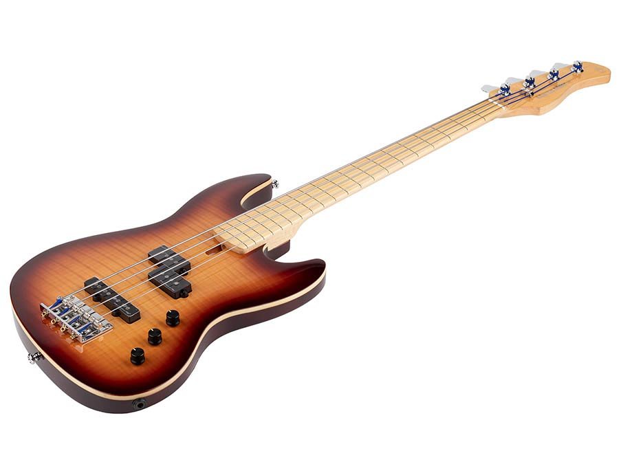 fretless alder with flamed maple top 4- string short scale passive bass guitar tobacco sunburst - Afbeelding 3