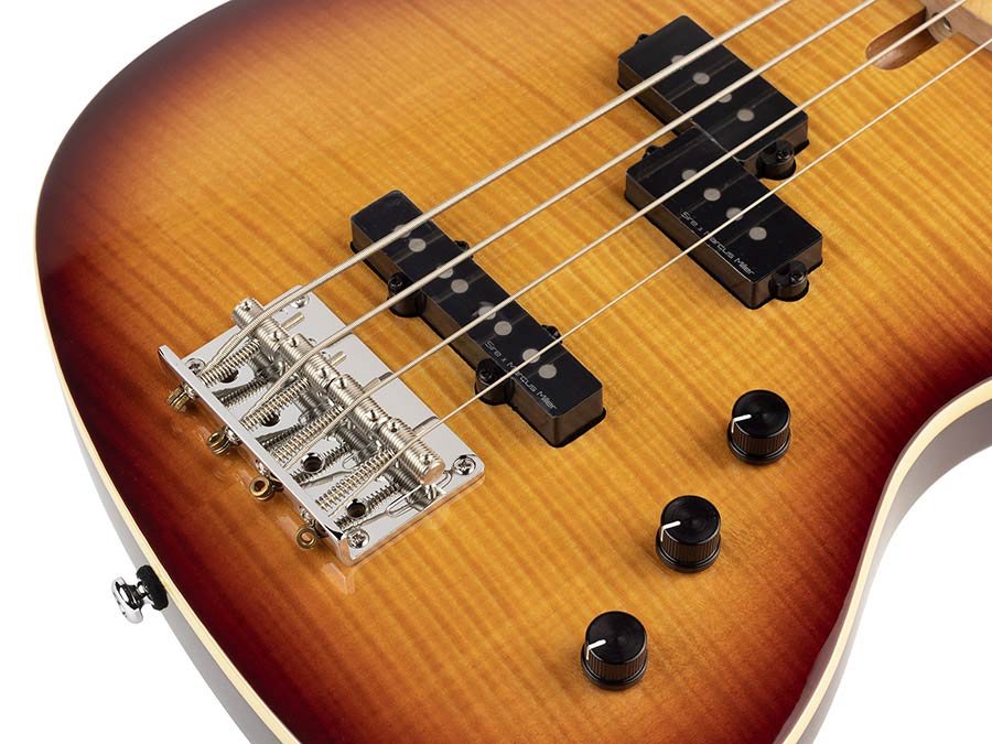 fretless alder with flamed maple top 4- string short scale passive bass guitar tobacco sunburst - Afbeelding 4